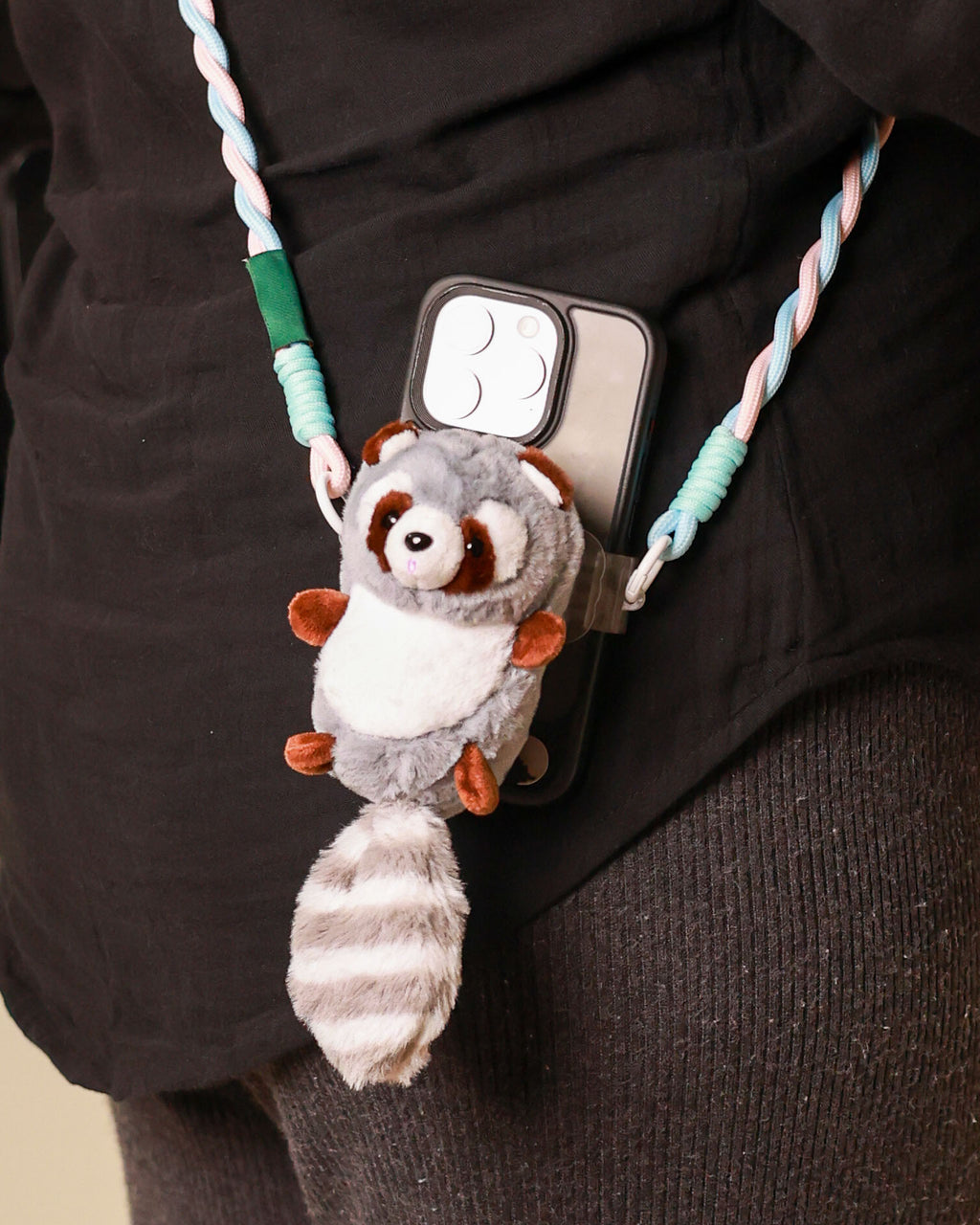 The Bandit-1 plush lanyard for phone â€“ soft Raccoon charm, quirky phone accessory