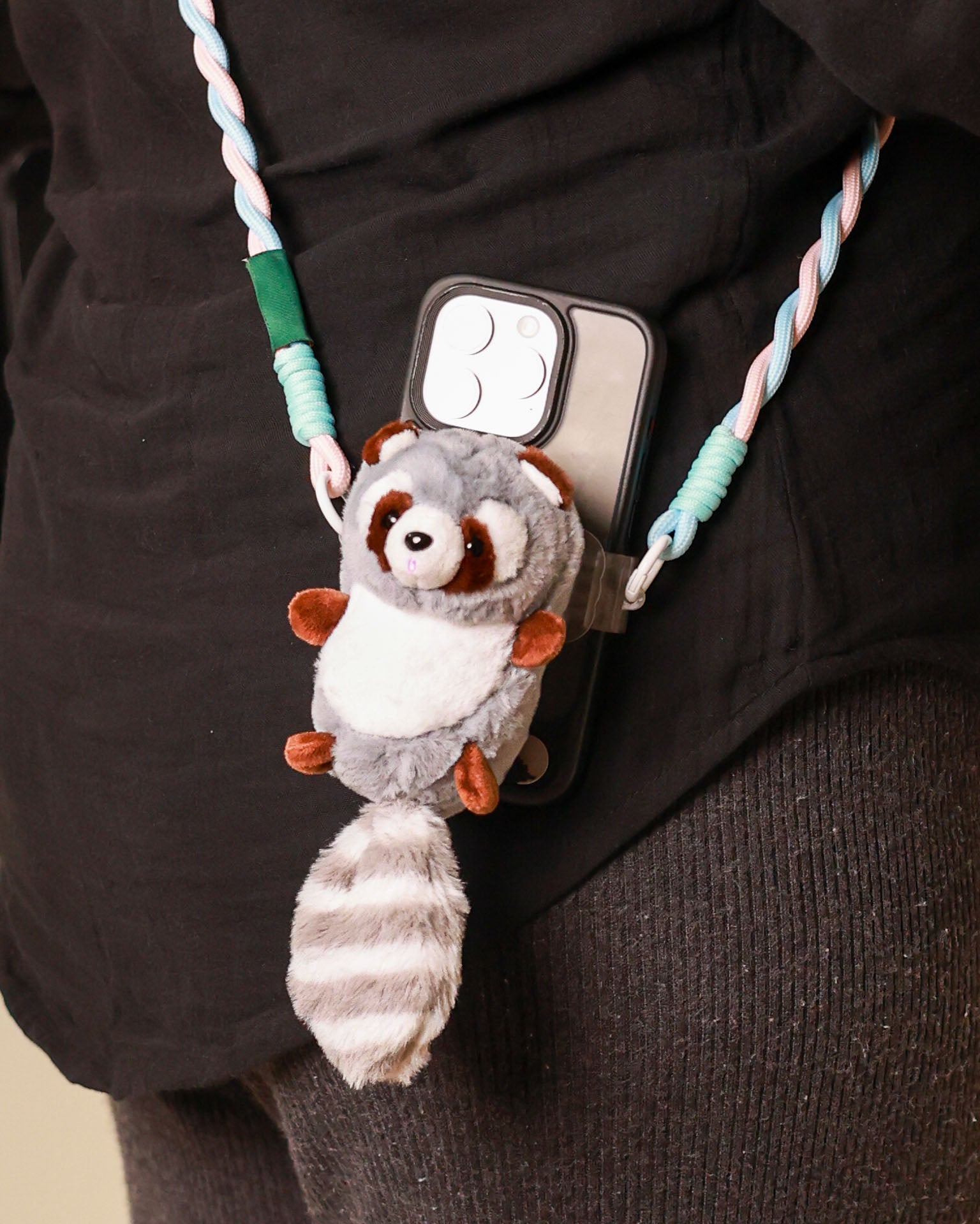 The Bandit-1 plush lanyard for phone â€“ soft Raccoon charm, quirky phone accessory