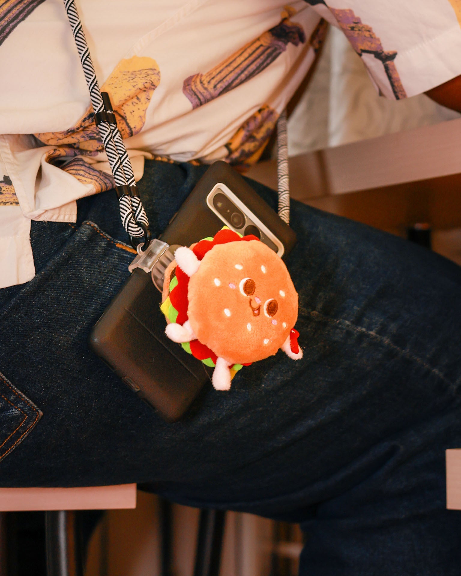 The Bun Intended plush lanyard for phone â€“ soft Burgercharm, quirky phone accessory