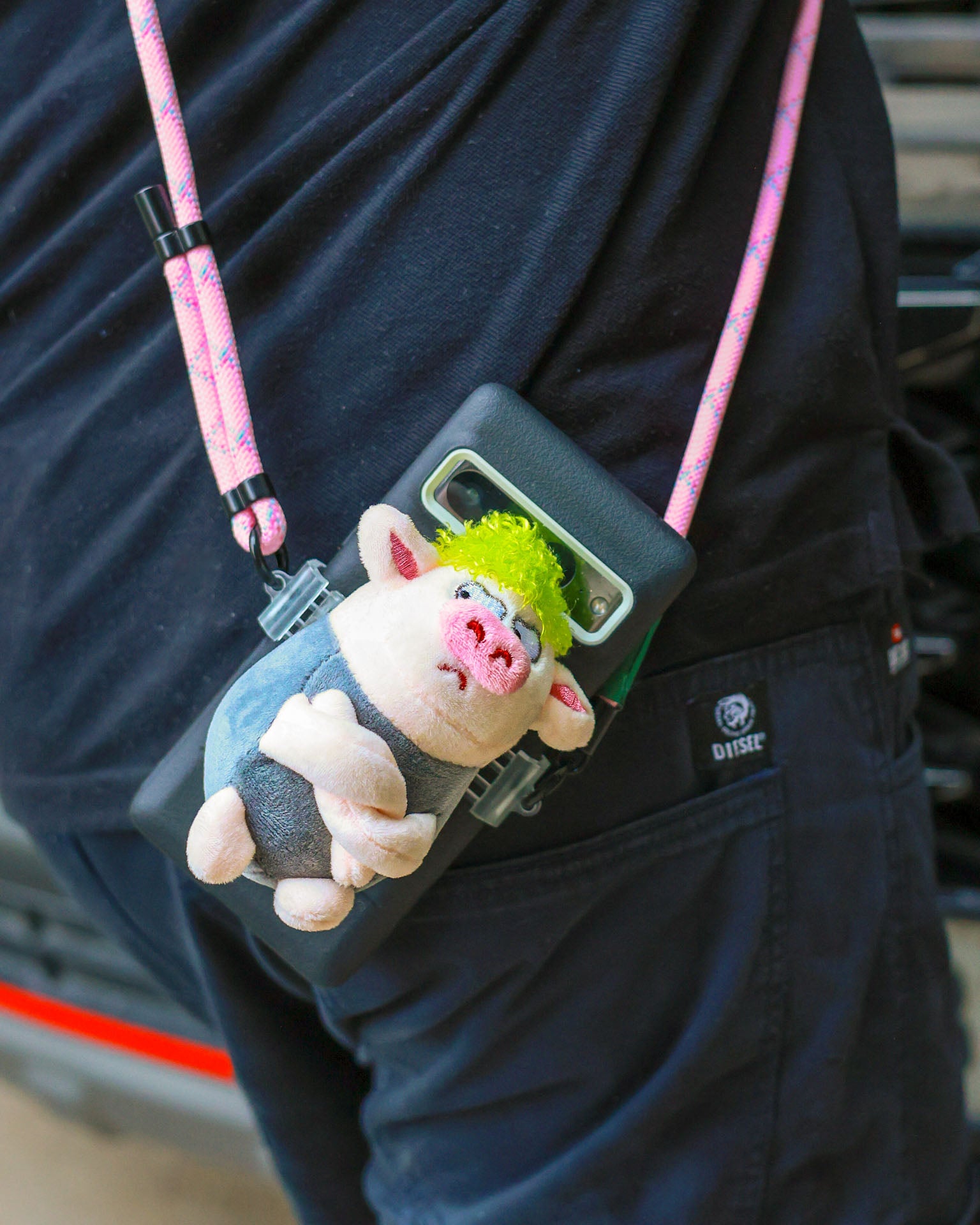 The Angry Pig - Grey plush lanyard for phone â€“ soft Pig charm, quirky phone accessory