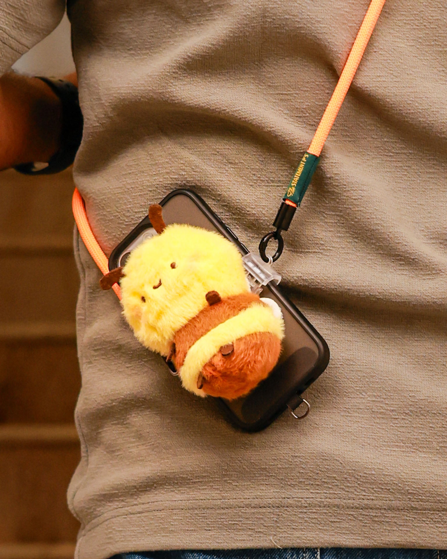 The Hey Honey! plush lanyard for phone â€“ soft Honey bee charm, quirky phone accessory