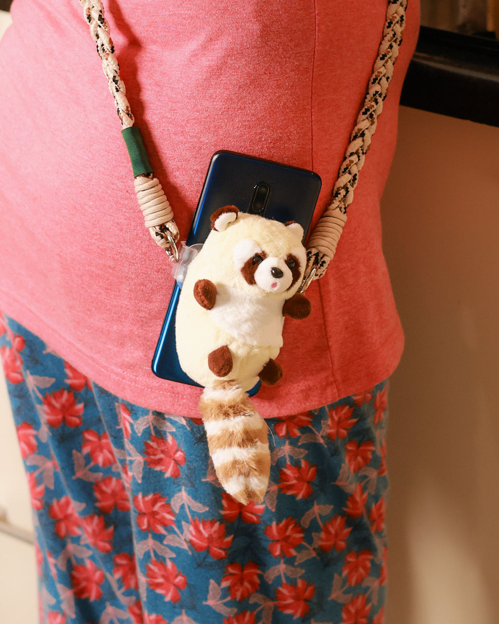 The Bandit-2 plush lanyard for phone â€“ soft Raccoon charm, quirky phone accessory