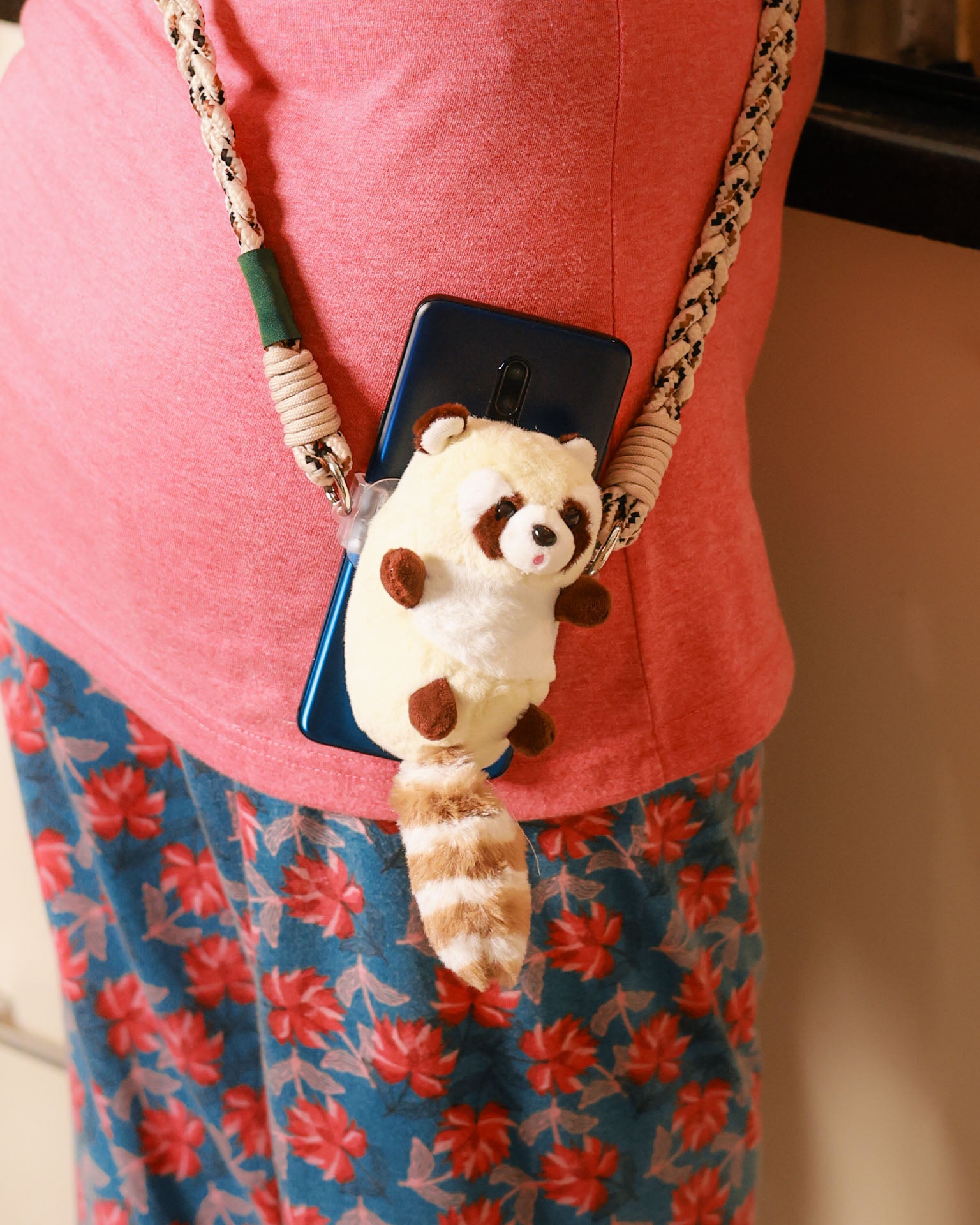 The Bandit-2 plush lanyard for phone â€“ soft Raccoon charm, quirky phone accessory