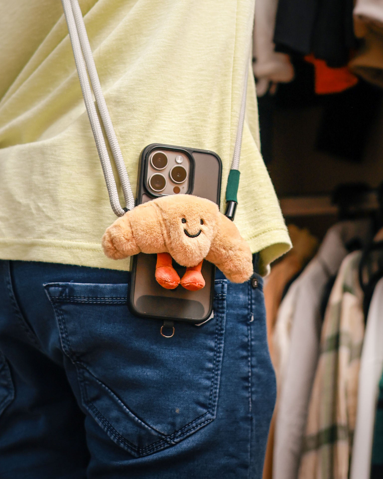 The Croissant plush lanyard for phone â€“ soft Croissant charm, quirky phone accessory